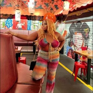 Long colorful 2pc bikini top style w/ pants set